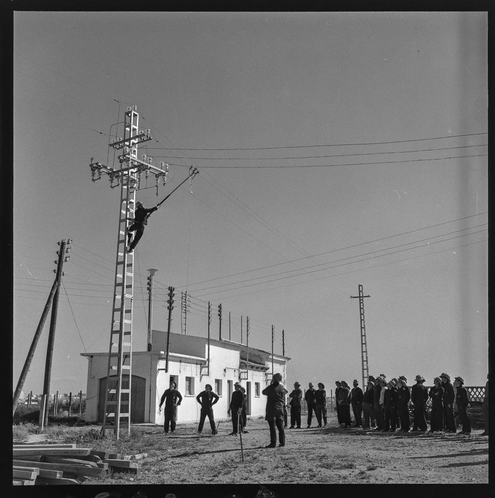 PANDO (1966) - Ejercicios de Seguridad en el Trabajo en la Región Valenciana. Grupo de trabajadores observa a un compañero en un poste de electricidad equipado con material de seguridad