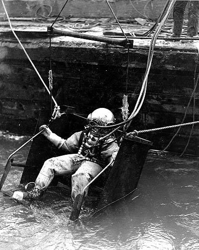 Diver entering water, Grand Coulee Dam construction site